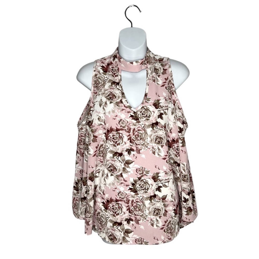 Lime N Chili Dusty Pink Floral Cold Shoulder Choker Neck Blouse